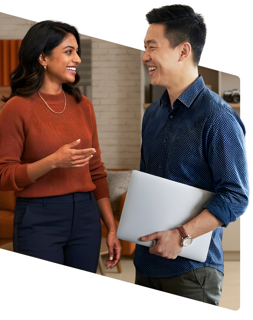 Two people happily having a conversation